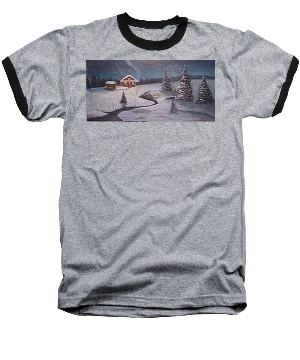Rick Huotari Baseball T-Shirt featuring the painting North Woods Cabin by Rick Huotari