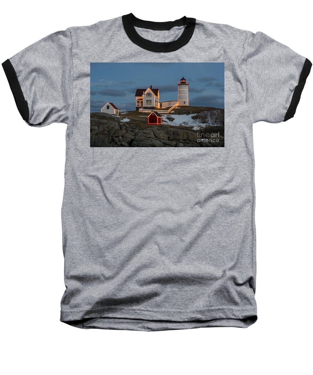Lighthouse Baseball T-Shirt featuring the photograph Nubble lighthouse at Christmas by Steven Ralser