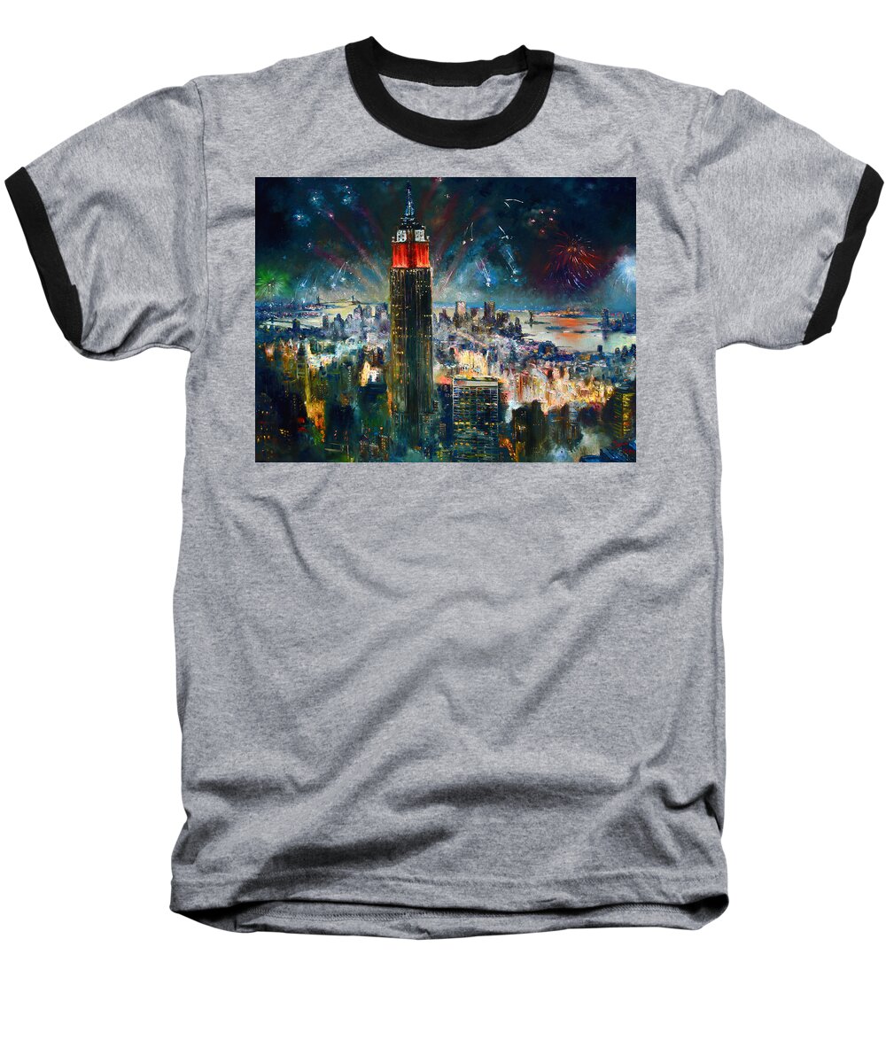 Nyc Baseball T-Shirt featuring the painting NYC in Fourth of July Independence Day by Ylli Haruni