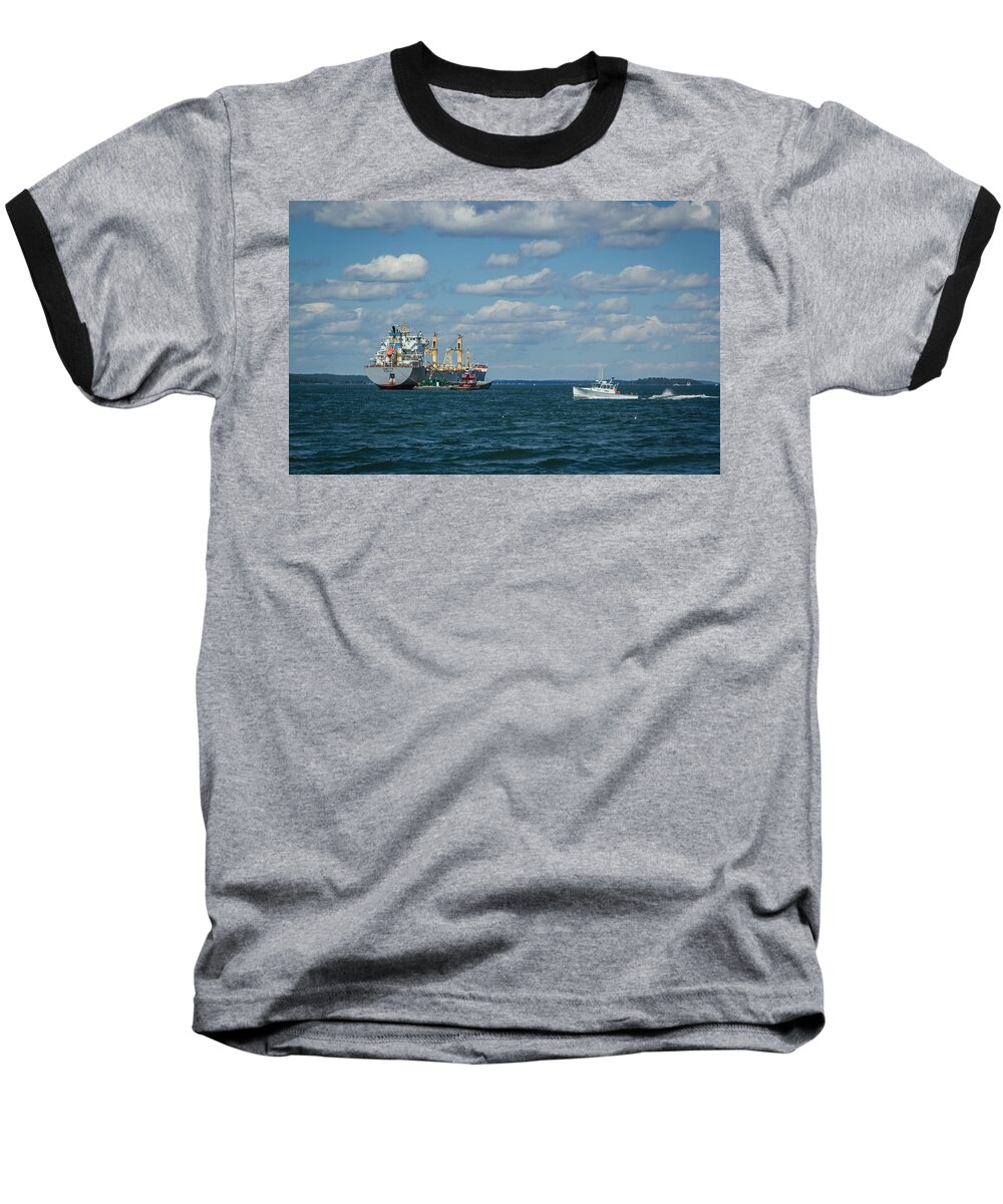 Maine Baseball T-Shirt featuring the photograph Oil tanker and lobster boat by Jane Luxton