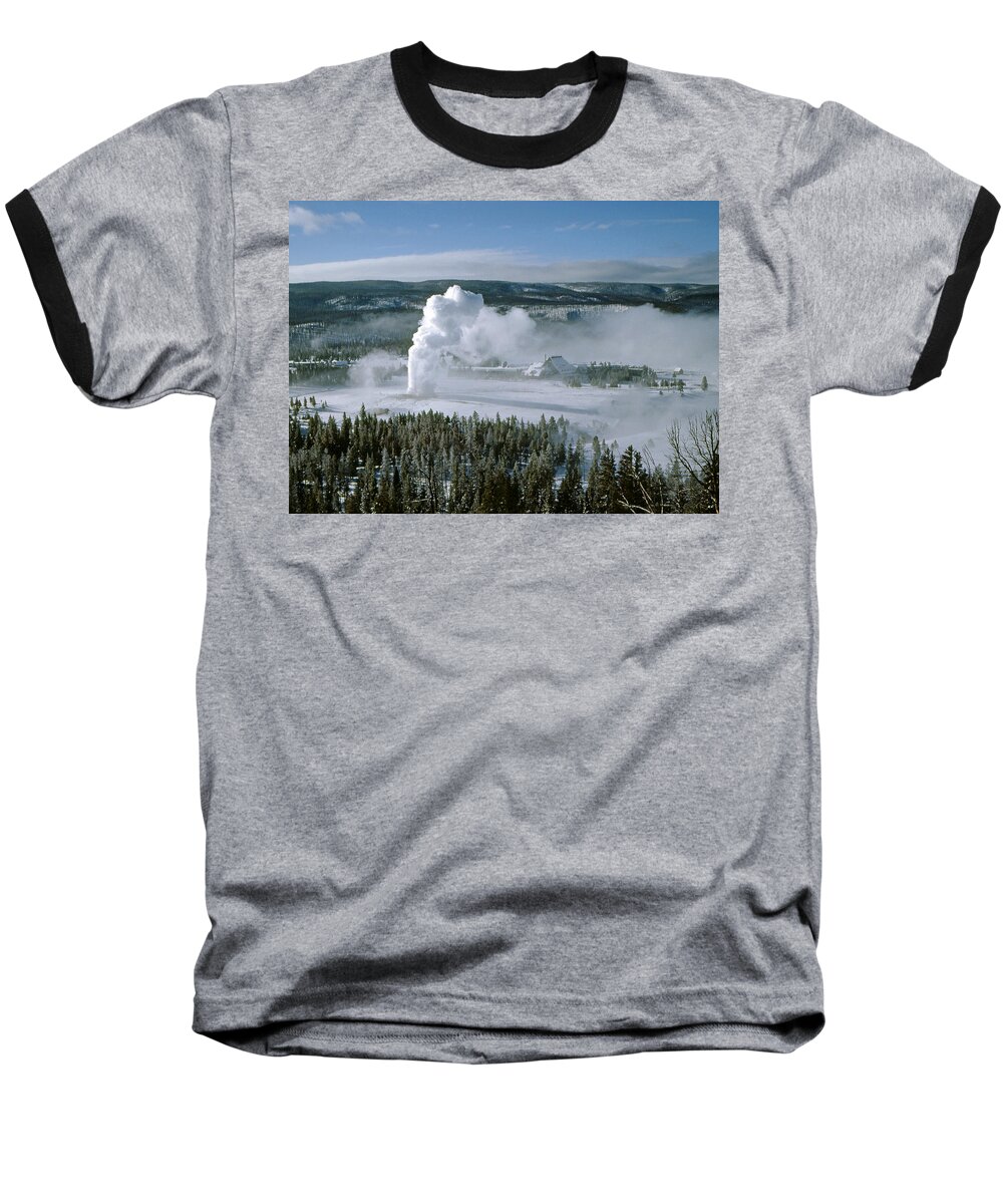 Old Faithful Baseball T-Shirt featuring the photograph 3M09132-01-Old Faithful Geyser in Winter by Ed Cooper Photography
