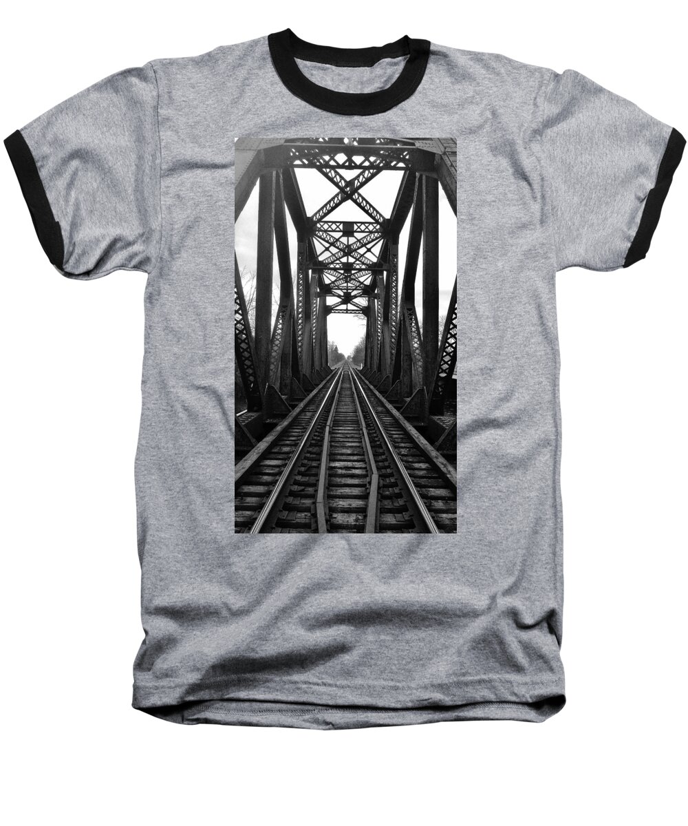Huron River Baseball T-Shirt featuring the photograph Old Huron River RxR Bridge black and white by Daniel Thompson