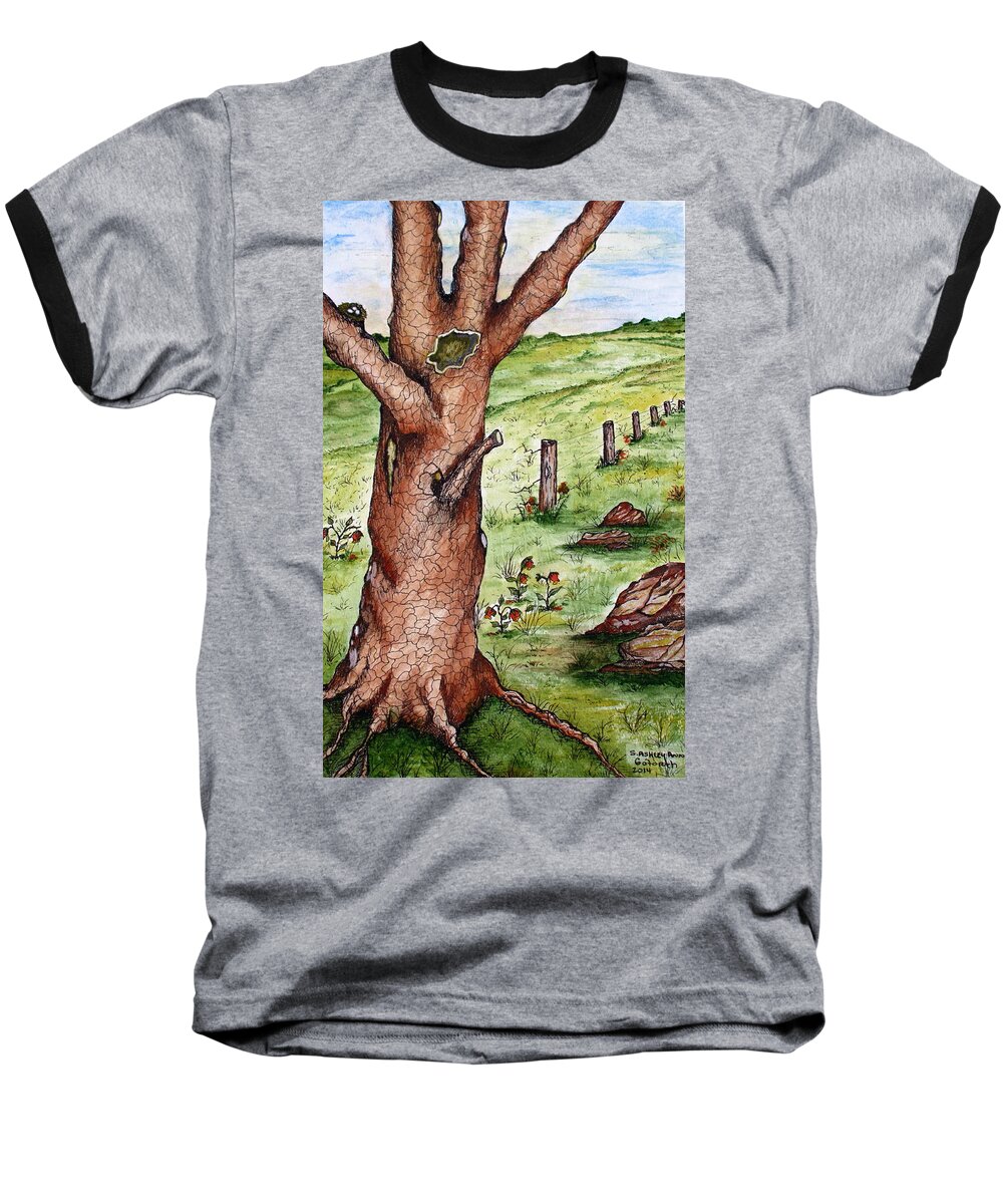 Oak Baseball T-Shirt featuring the painting Old Oak Tree with Birds' Nest by Ashley Goforth