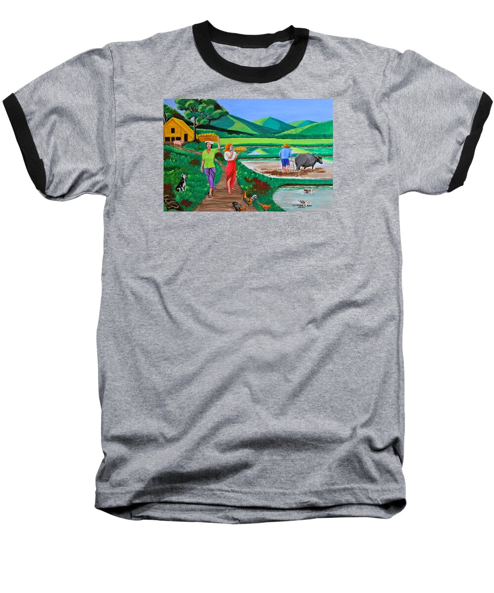 Carabao Baseball T-Shirt featuring the painting One Beautiful Morning in the Farm by Cyril Maza