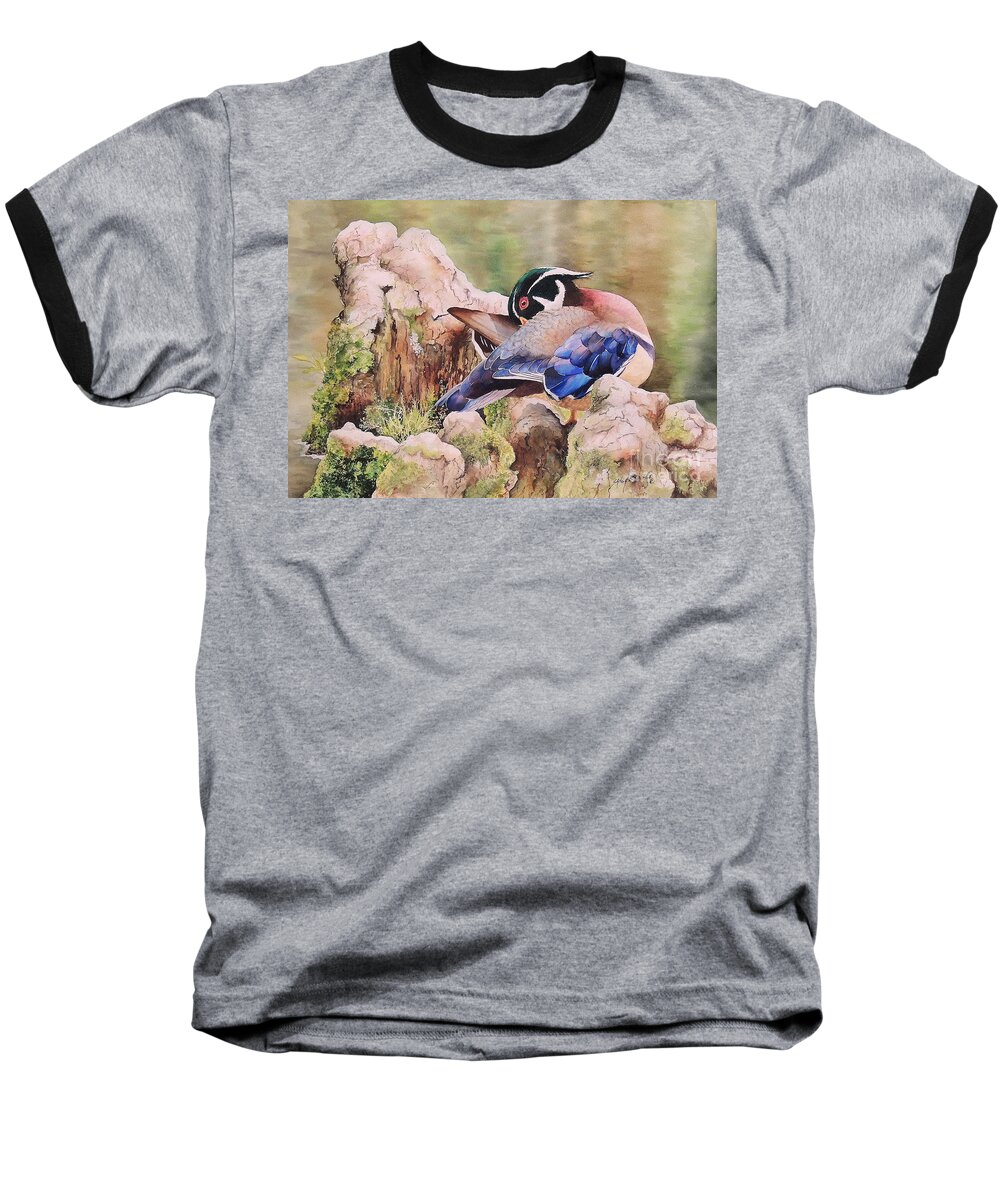 Wood Duck Baseball T-Shirt featuring the painting One More Spot. SOLD by Sandy Brindle