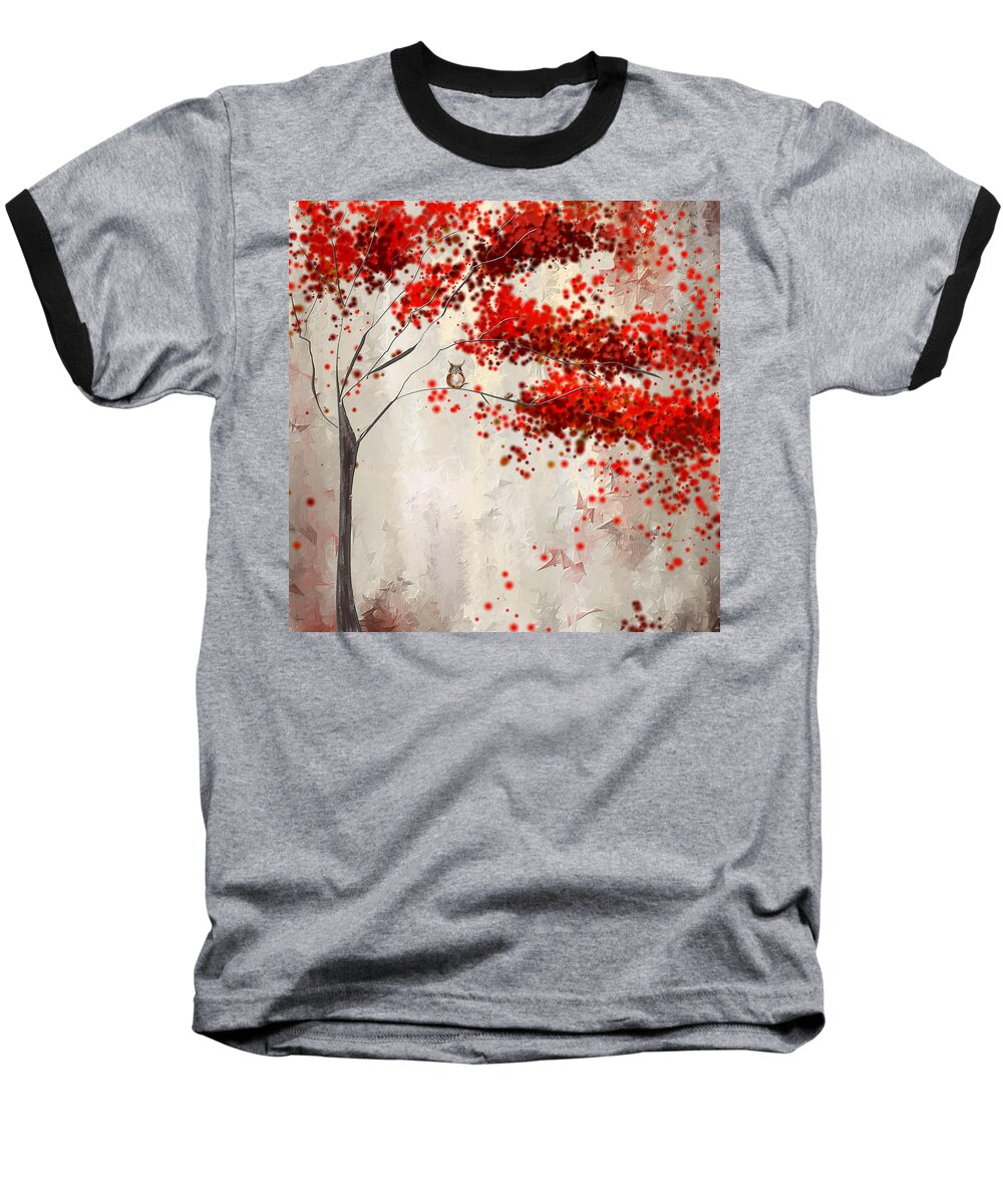 Gray And Red Art Baseball T-Shirt featuring the painting Owl In Autumn by Lourry Legarde