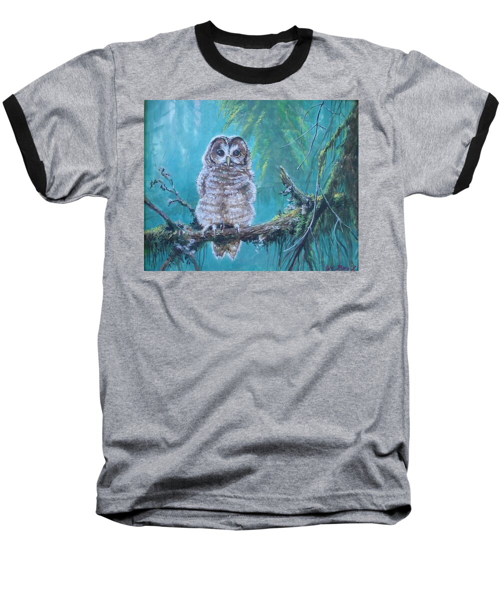 Owl In The Woods Baseball T-Shirt featuring the painting Owl in the woods by Perry's Fine Art