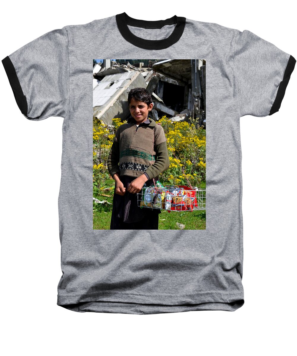 Boy Baseball T-Shirt featuring the photograph Pakistani boy in front of hotel ruins in Swat Valley by Imran Ahmed