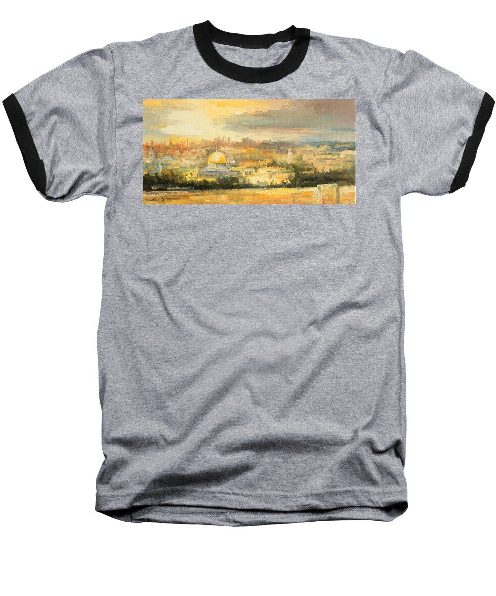 Jerusalem Baseball T-Shirt featuring the painting Panorama of Jerusalem by Luke Karcz
