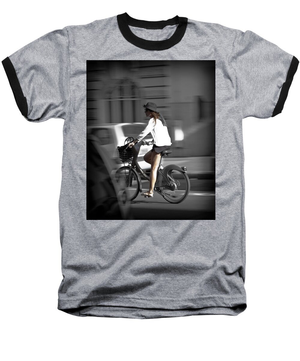 Paris Baseball T-Shirt featuring the photograph Parisian Girl Cyclist by Maj Seda