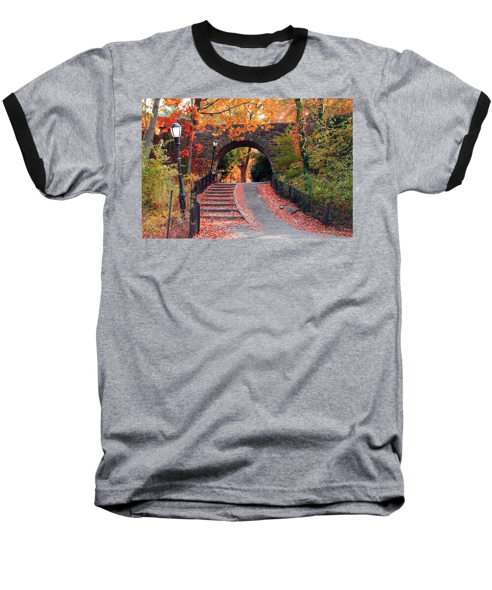 Cloisters Baseball T-Shirt featuring the photograph Path of Leaves by Catie Canetti