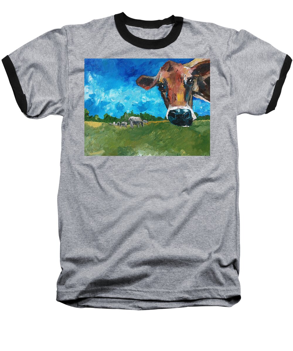 Cow Baseball T-Shirt featuring the painting Peeping Bessie by Sean Parnell