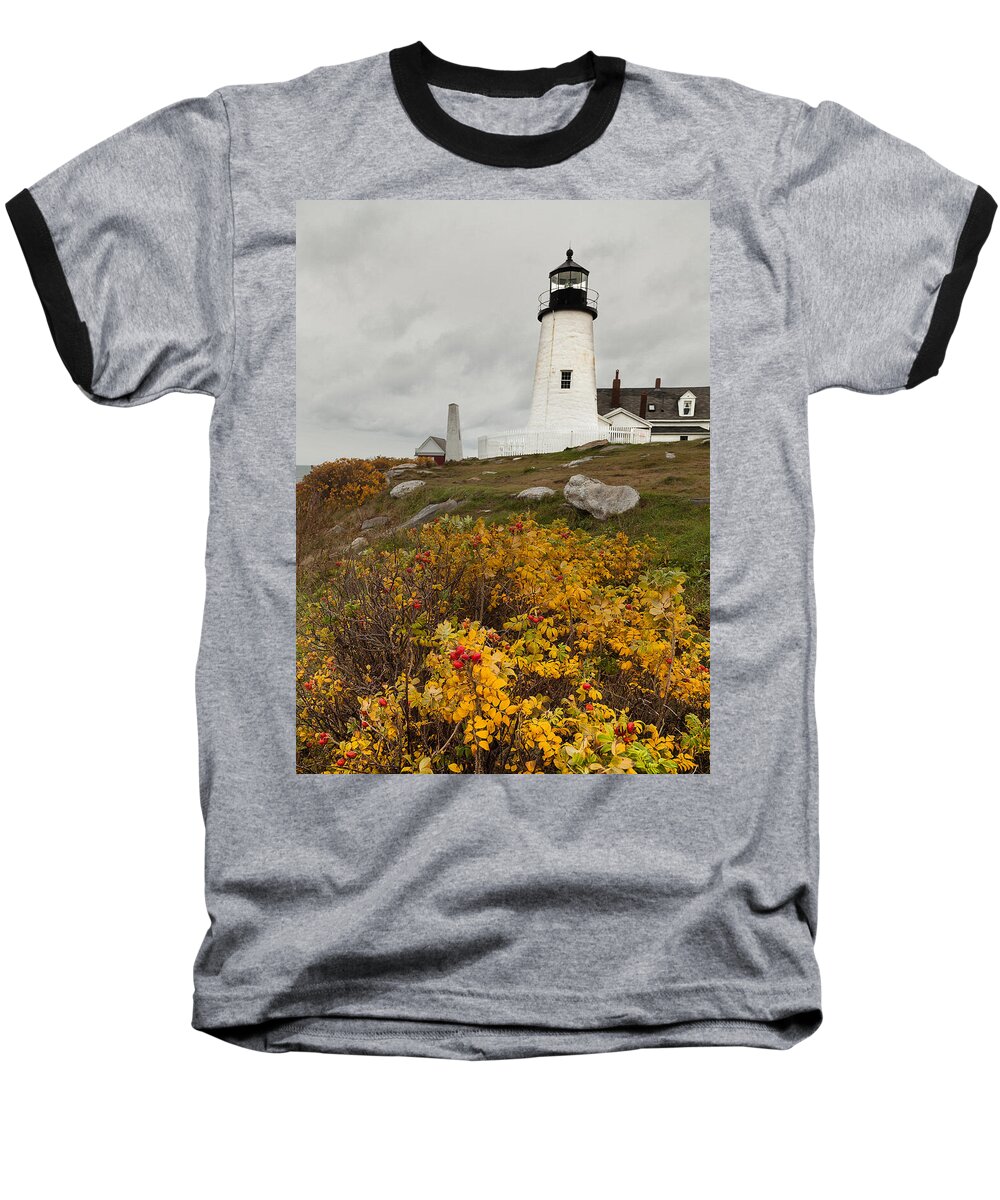 Lighthouse Baseball T-Shirt featuring the photograph Pemaquid Point Lighthouse and Sea Roses by David Smith