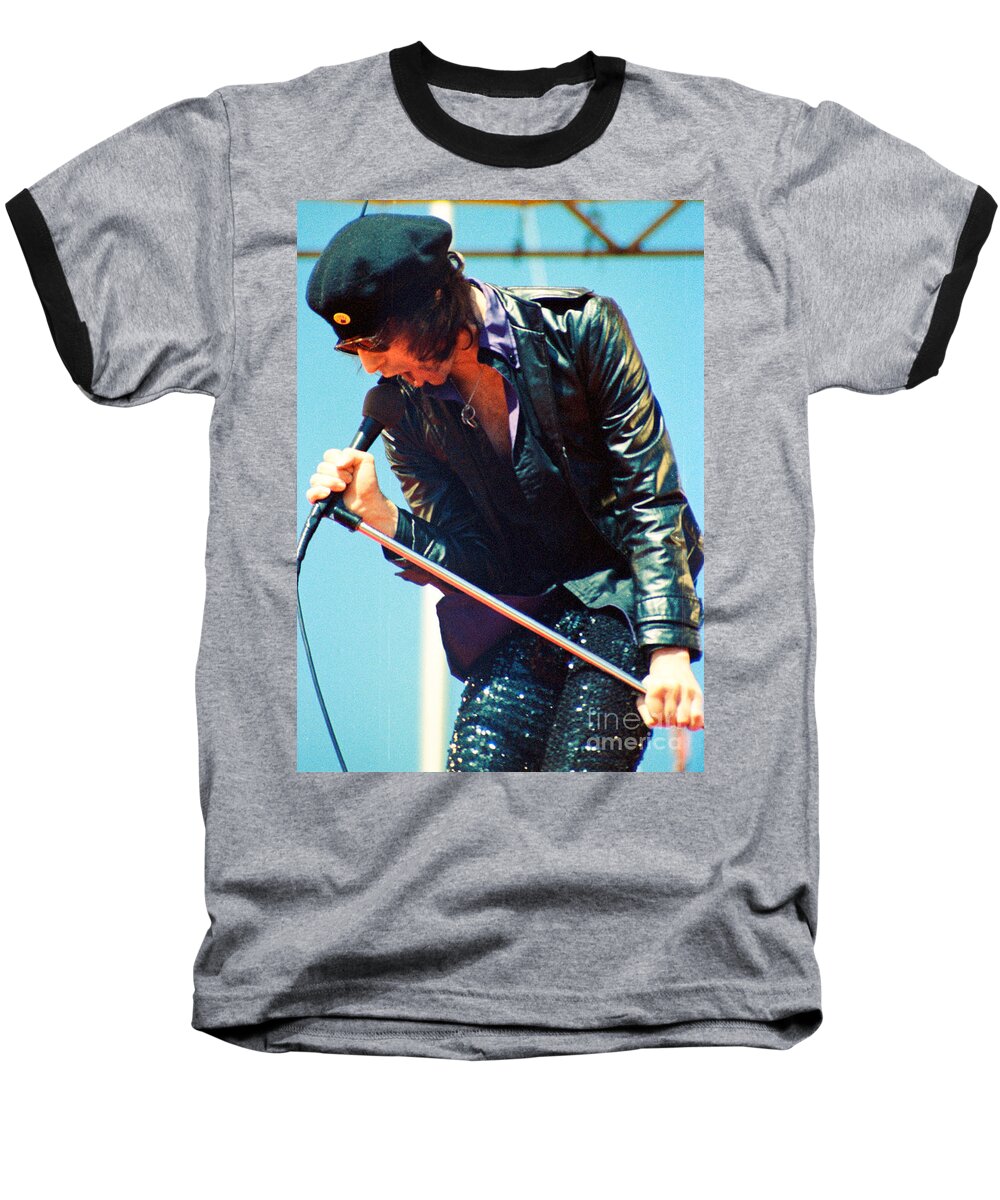 Peter Wolf Baseball T-Shirt featuring the photograph Peter Wolf from J Geils Band - Day on the Green July 4th 1979 by Daniel Larsen