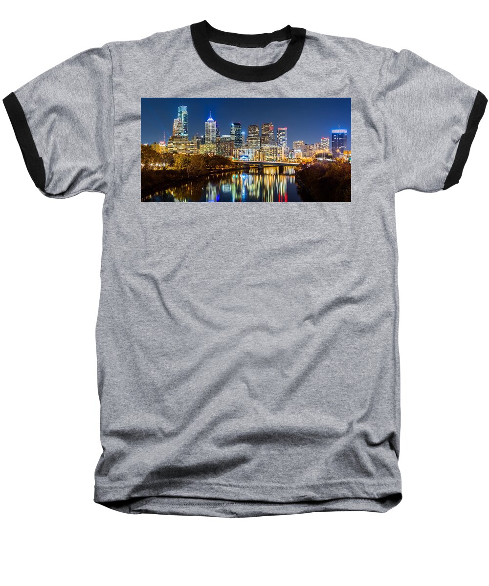 America Baseball T-Shirt featuring the photograph Philadelphia cityscape panorama by night by Mihai Andritoiu