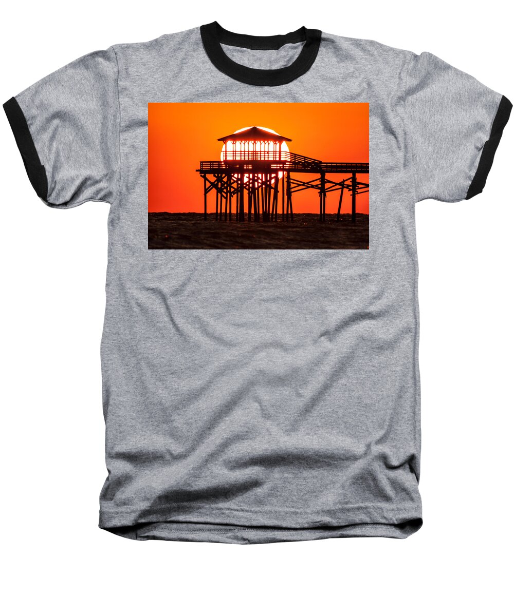 Oceanana Fishing Pier Baseball T-Shirt featuring the photograph Piering At The Sun by Paula OMalley