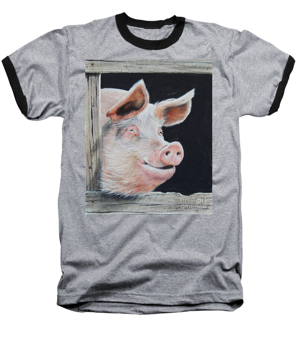 Watercolor Baseball T-Shirt featuring the painting Piggy. SOLD by Sandy Brindle