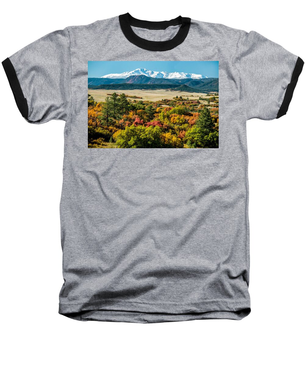 Colorado Mountains Baseball T-Shirt featuring the photograph Pikes Peak over Scrub Oak by Dawn Key