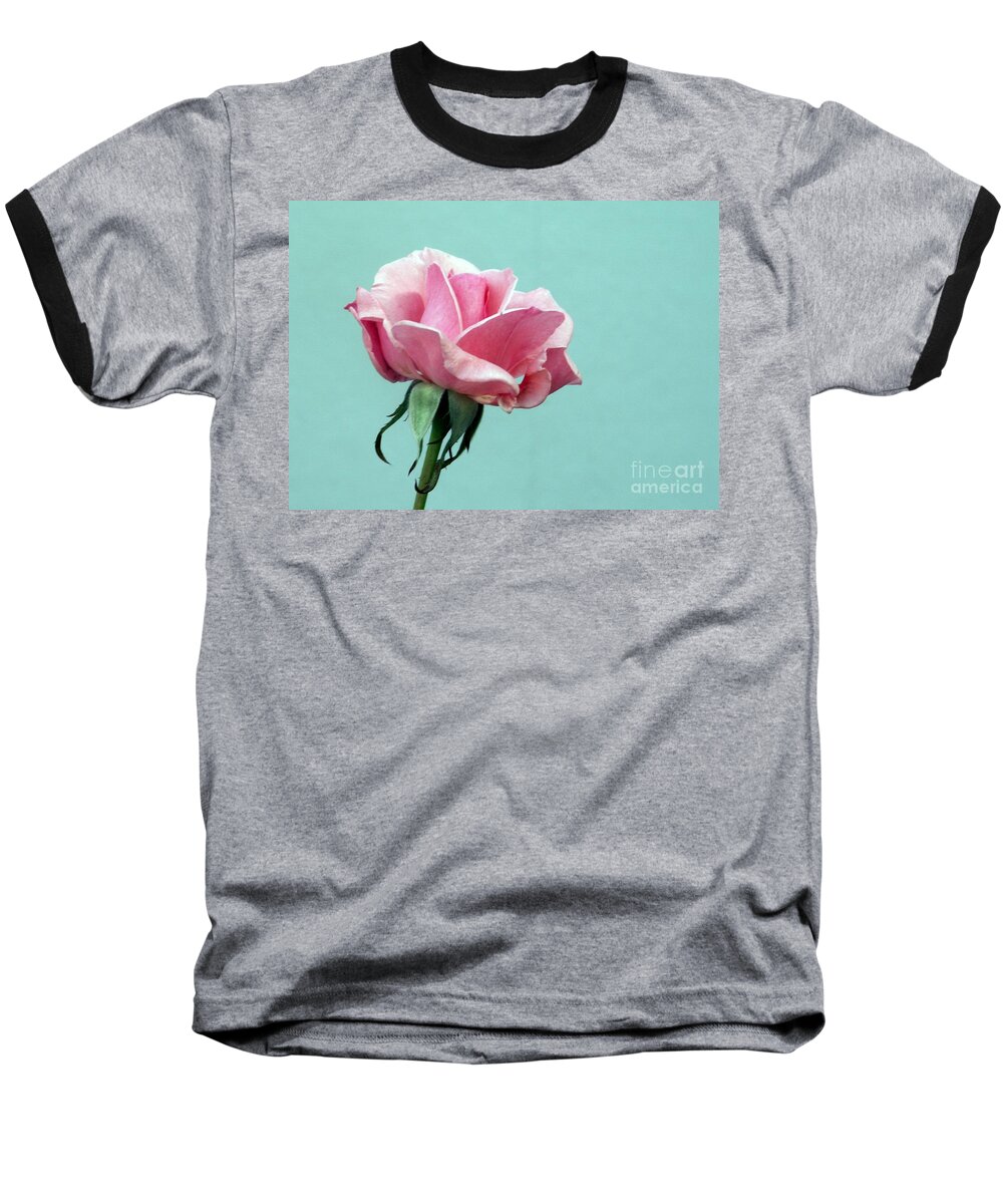 Pink Baseball T-Shirt featuring the photograph Pink Rose on Aqua Wall by Valerie Reeves