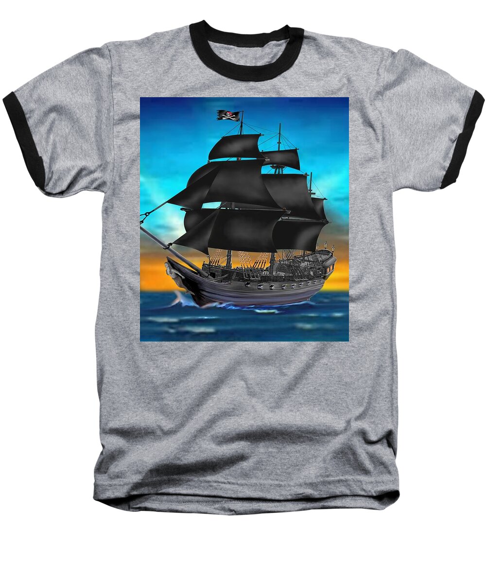 Pirate Ship At Sunset Baseball T-Shirt featuring the digital art Pirate Ship At Sunset by Glenn Holbrook