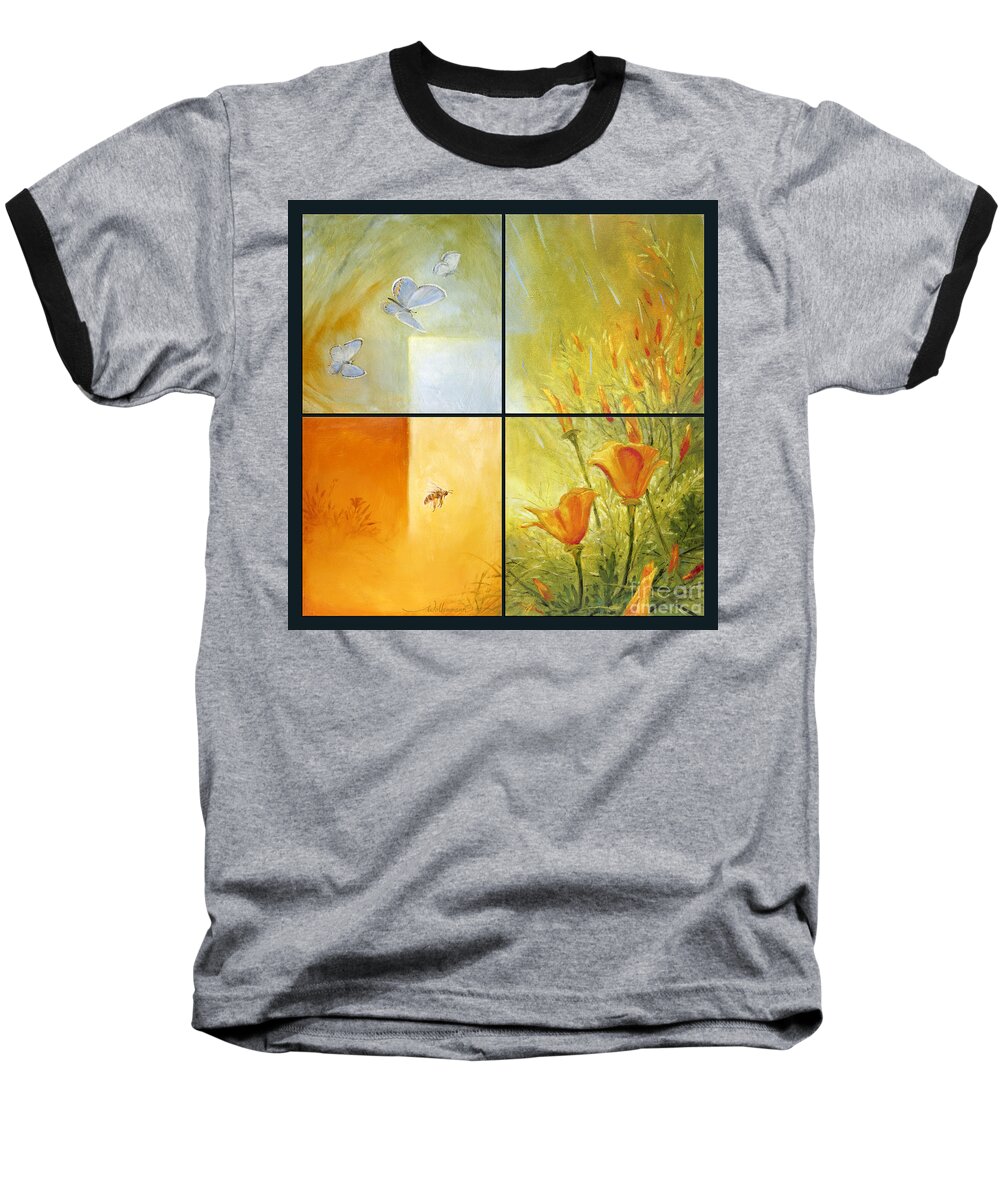 Poppy Baseball T-Shirt featuring the painting Poppy Pollination by Randy Wollenmann