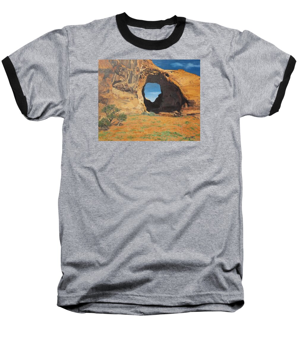 Navajo Baseball T-Shirt featuring the painting Portal at Window Rock by Barbara Barber