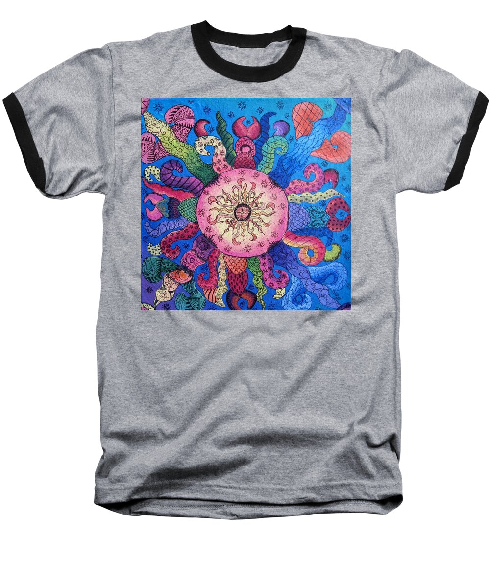 Psychedelic Art Baseball T-Shirt featuring the painting Psychedelic squid 2 by Megan Walsh
