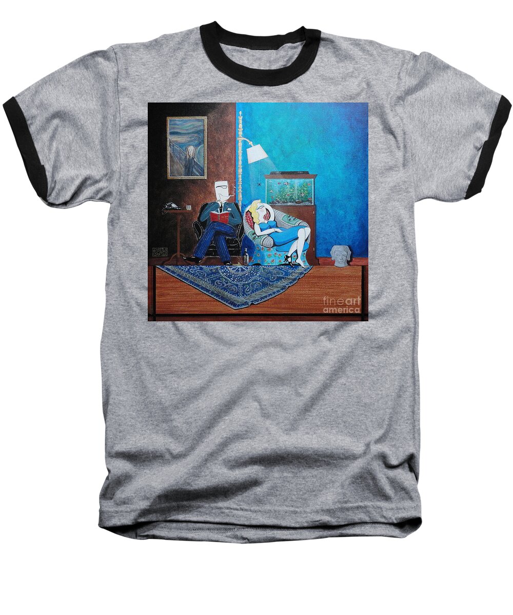 Johnlyes Baseball T-Shirt featuring the painting Psychiatrist Sitting in Chair Studying Spider's Reaction by John Lyes