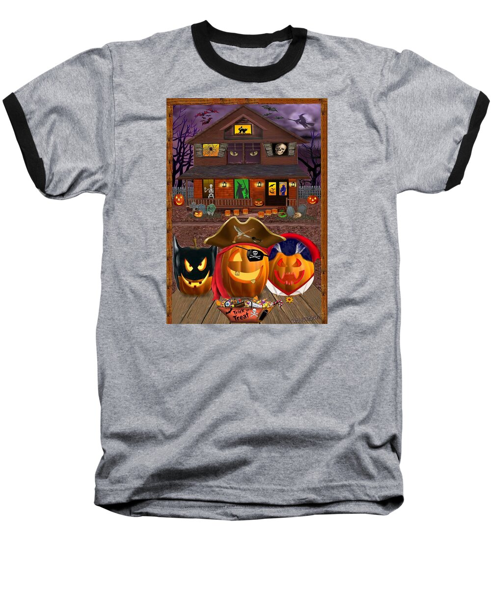 Pumpkin Baseball T-Shirt featuring the digital art Pumpkin Masquerade by Glenn Holbrook