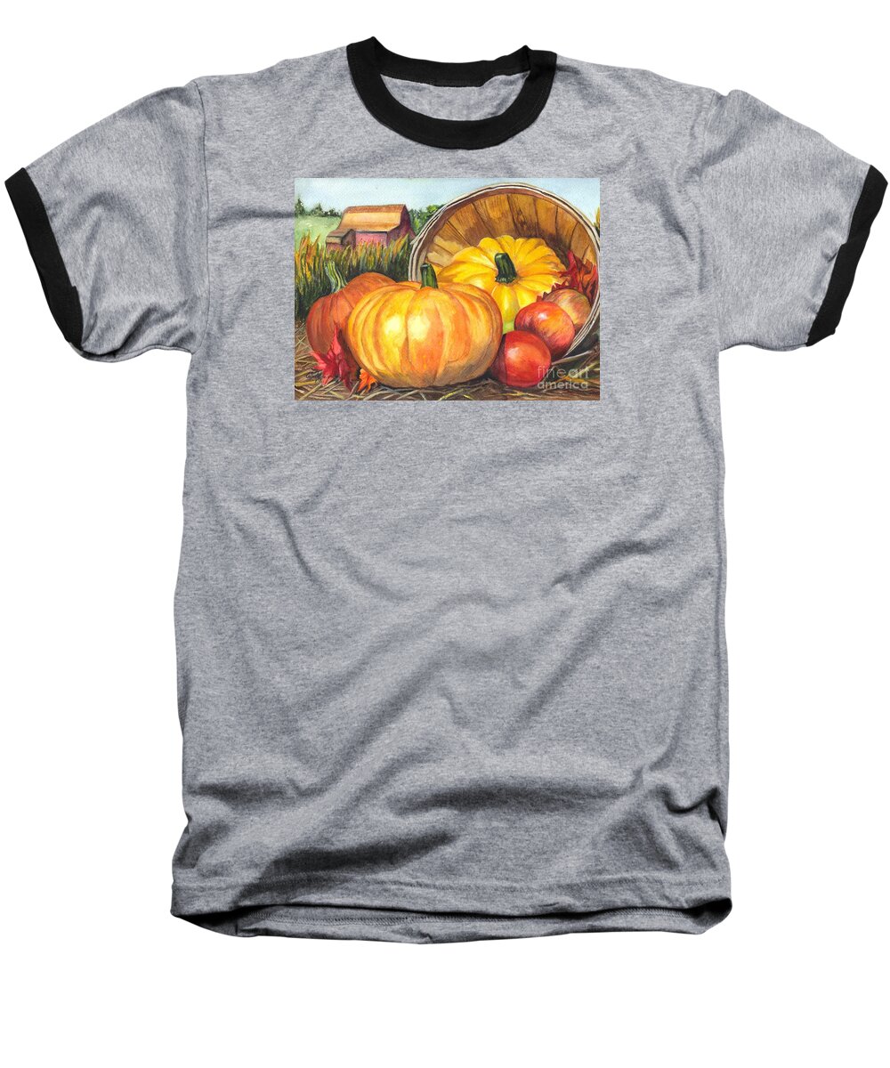 Pumpkin Baseball T-Shirt featuring the painting Pumpkin Pickin by Carol Wisniewski