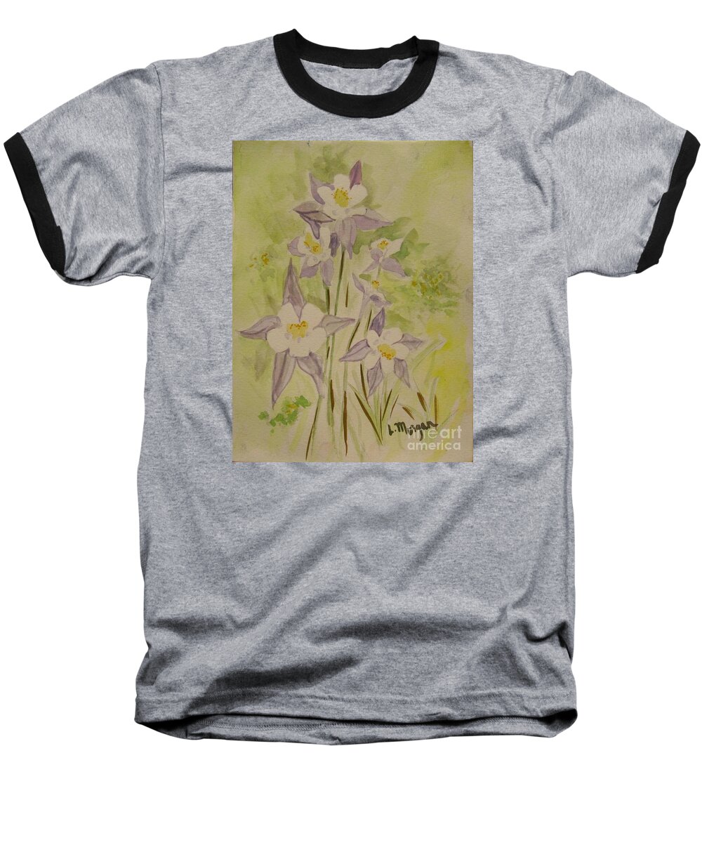 Flower Baseball T-Shirt featuring the painting Purple and White Columbines by Laurie Morgan