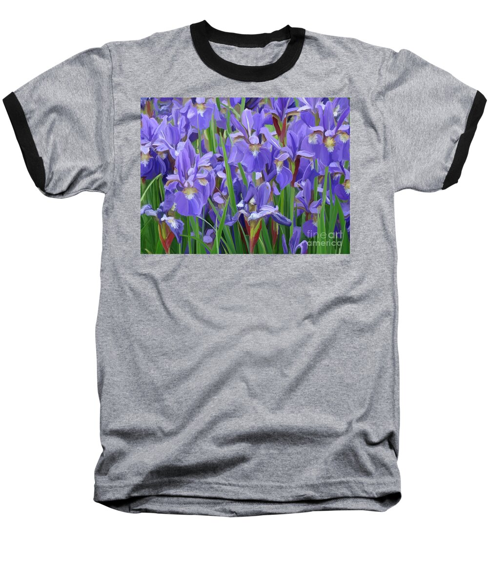 Purple Irises Baseball T-Shirt featuring the painting Purple Iris Garden by Tim Gilliland