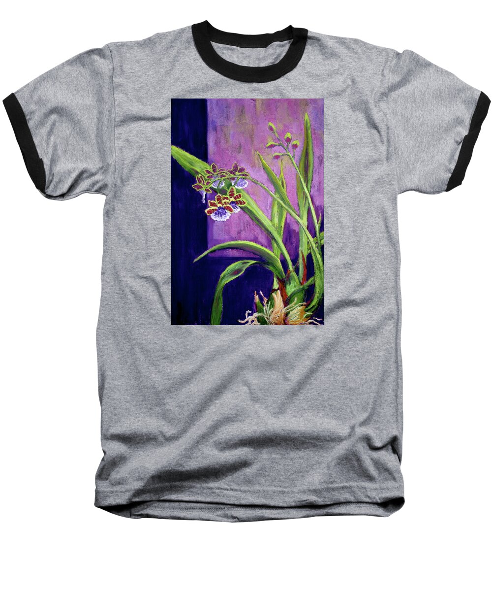 Flower Baseball T-Shirt featuring the painting Purple Orchids by Nancy Jolley