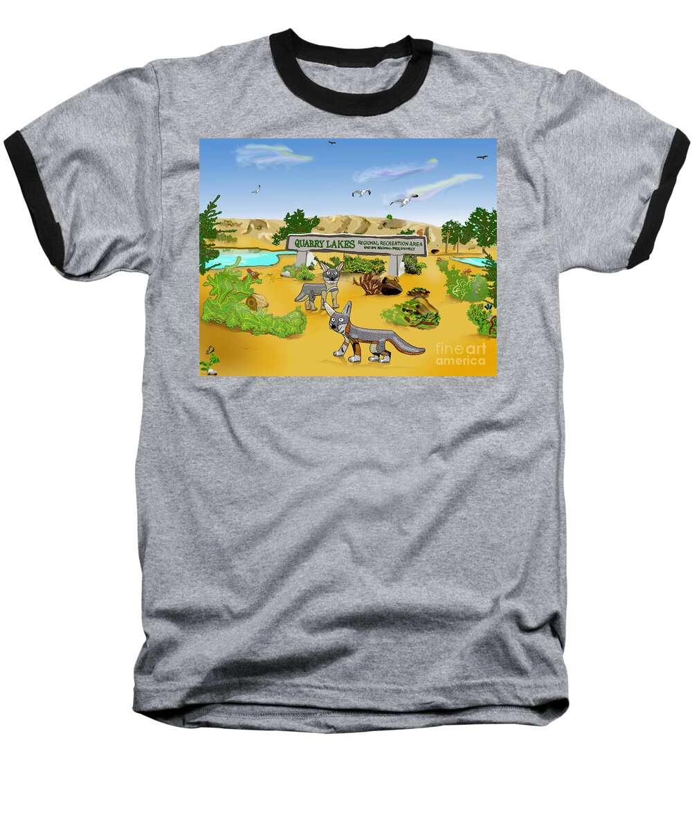 Lakes Baseball T-Shirt featuring the mixed media Quarry Lakes and Gray Foxes by Paul Fields
