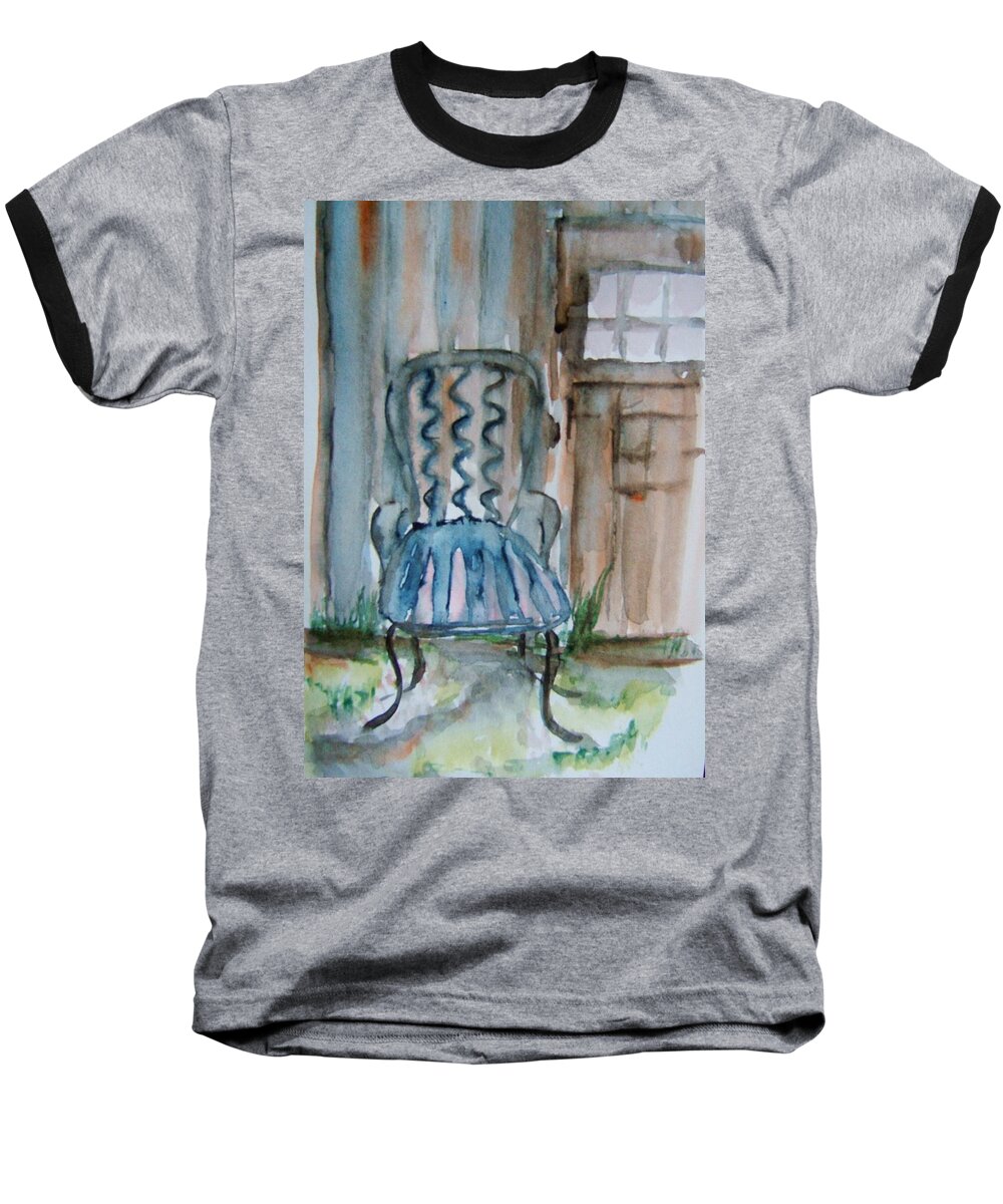 Old Chair Baseball T-Shirt featuring the painting Quiet Yard Spot by Elaine Duras