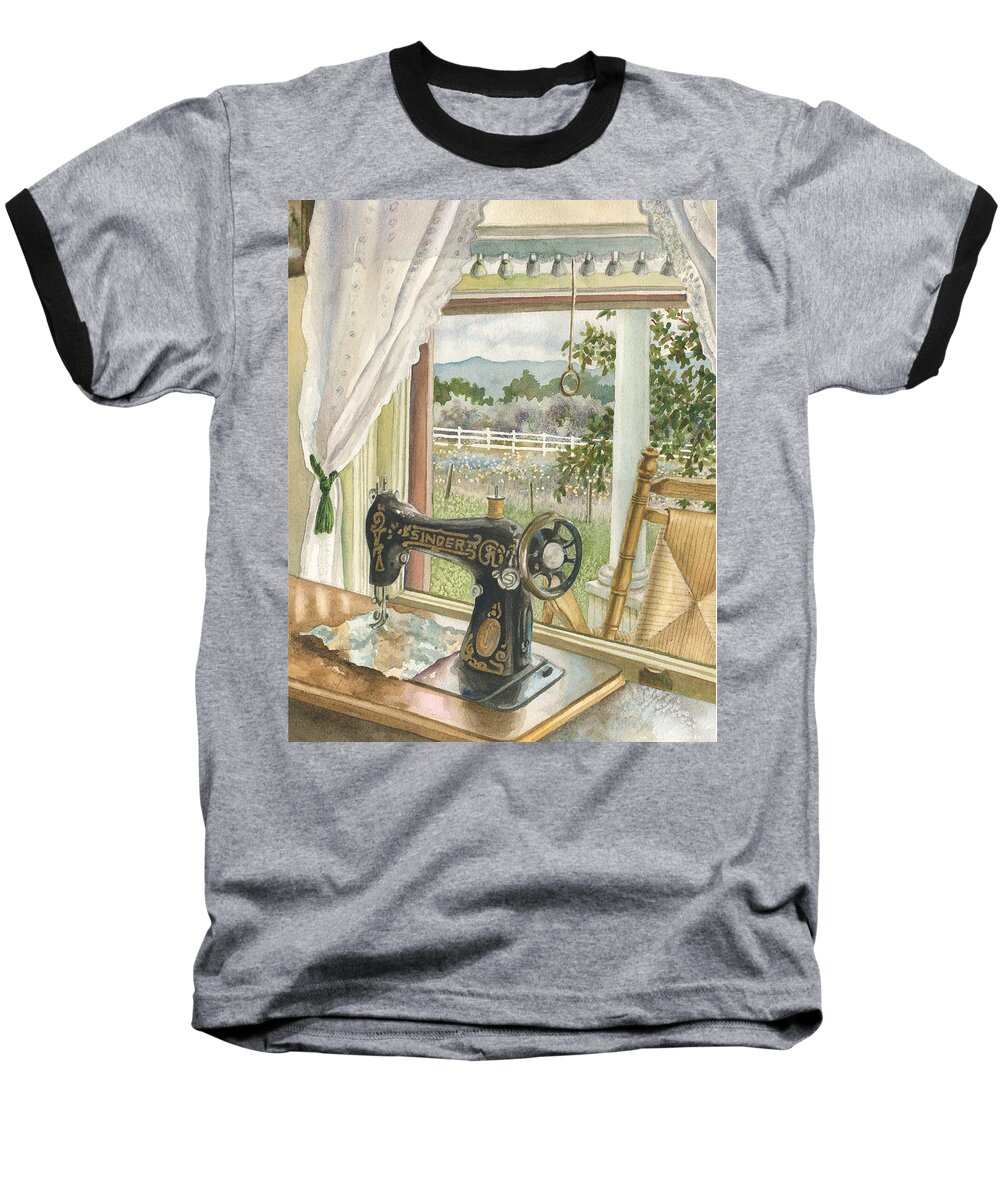 Sewing Machine Painting Baseball T-Shirt featuring the painting Rainy Day on the Old Farm by Anne Gifford