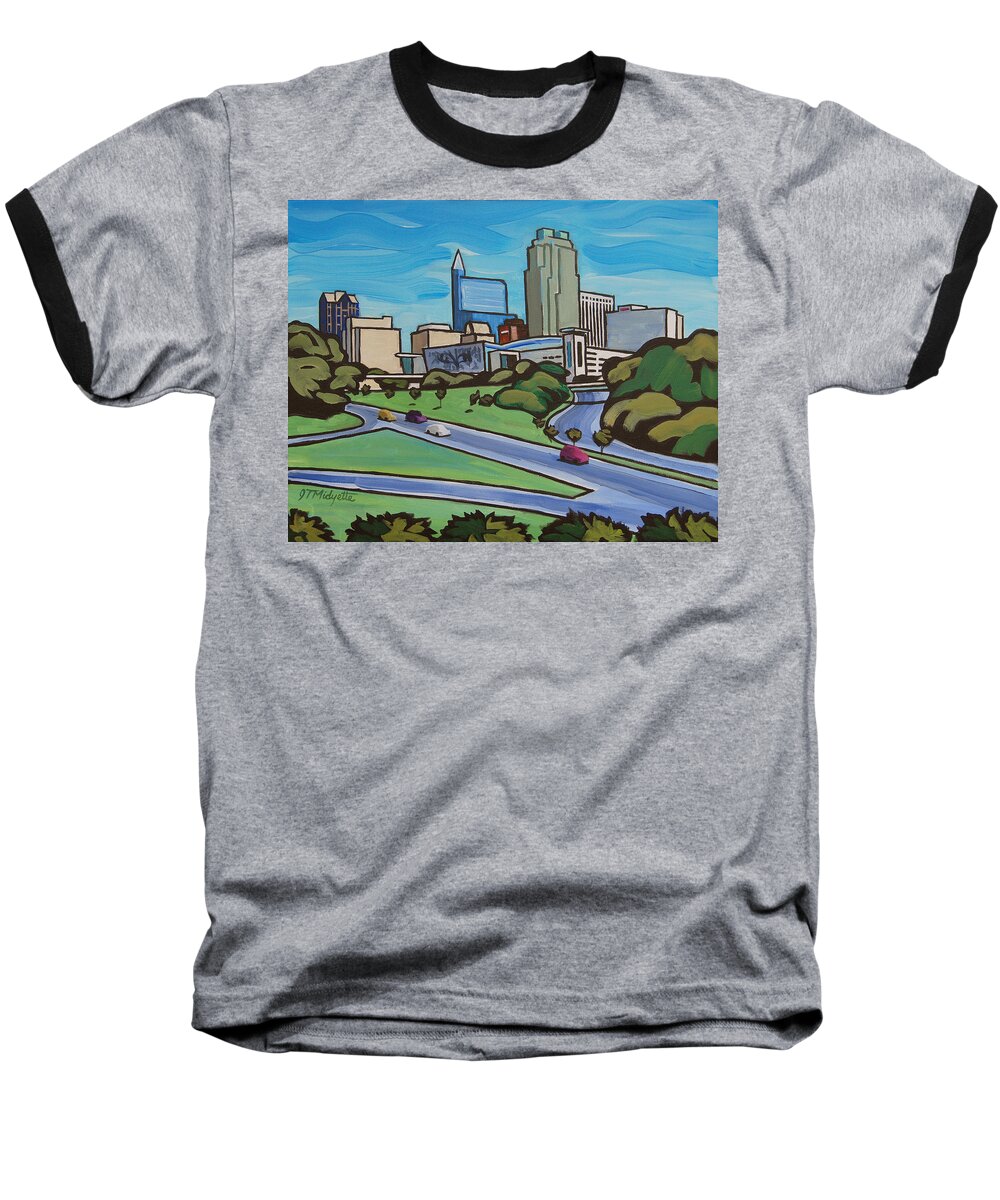 Raleigh Baseball T-Shirt featuring the painting Raleigh Skyline 2 by Tommy Midyette