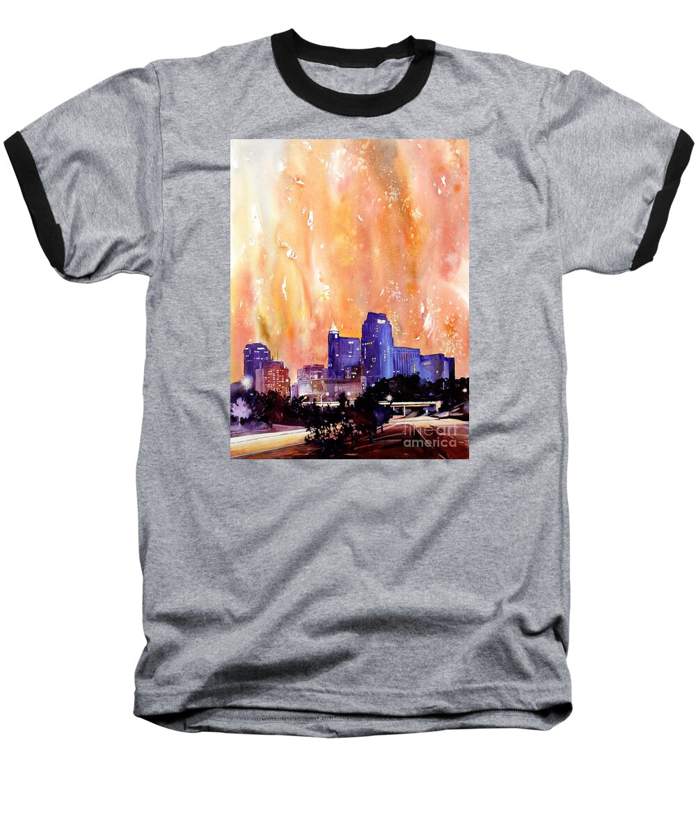 Watercolor Raleigh Baseball T-Shirt featuring the painting Raligh Skyline Sunset by Ryan Fox