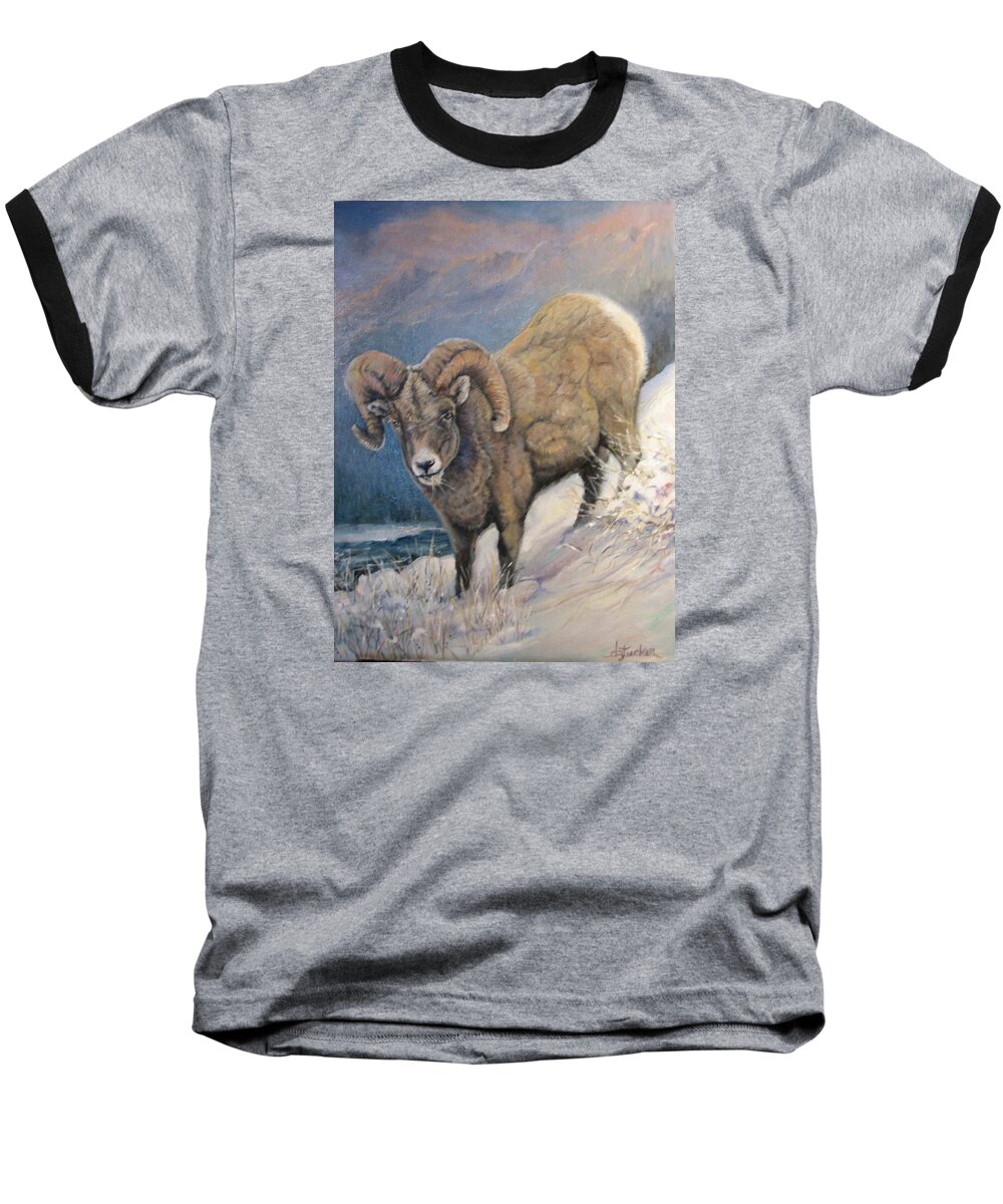 Nature Baseball T-Shirt featuring the painting Ram in the Snow by Donna Tucker