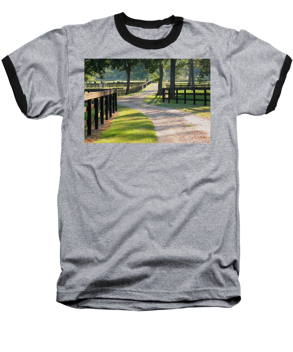 Texas Ranch Baseball T-Shirt featuring the photograph Ranch Road in Texas by Connie Fox