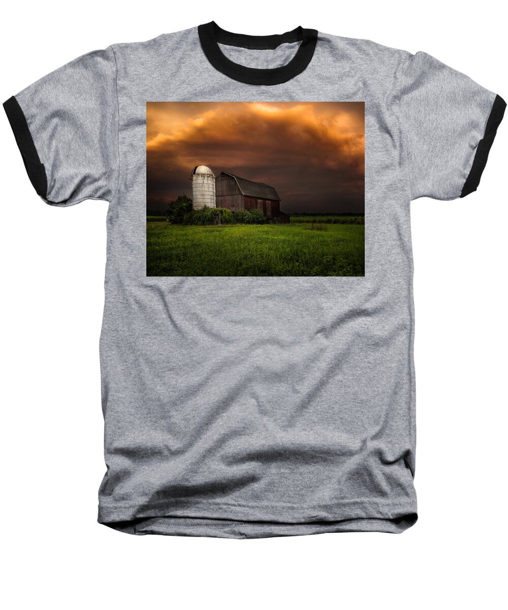 Red Barn Baseball T-Shirt featuring the photograph Red Barn Stormy Sky - Rustic Dreams by Gary Heller