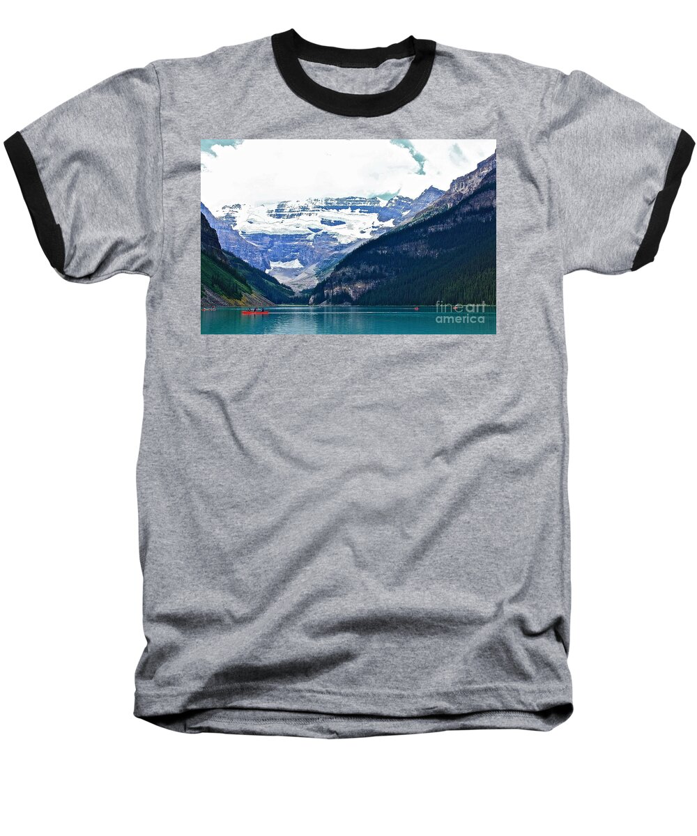 Lake Louise Alberta Red Baseball T-Shirt featuring the photograph Red Canoes Turquoise Water by Linda Bianic