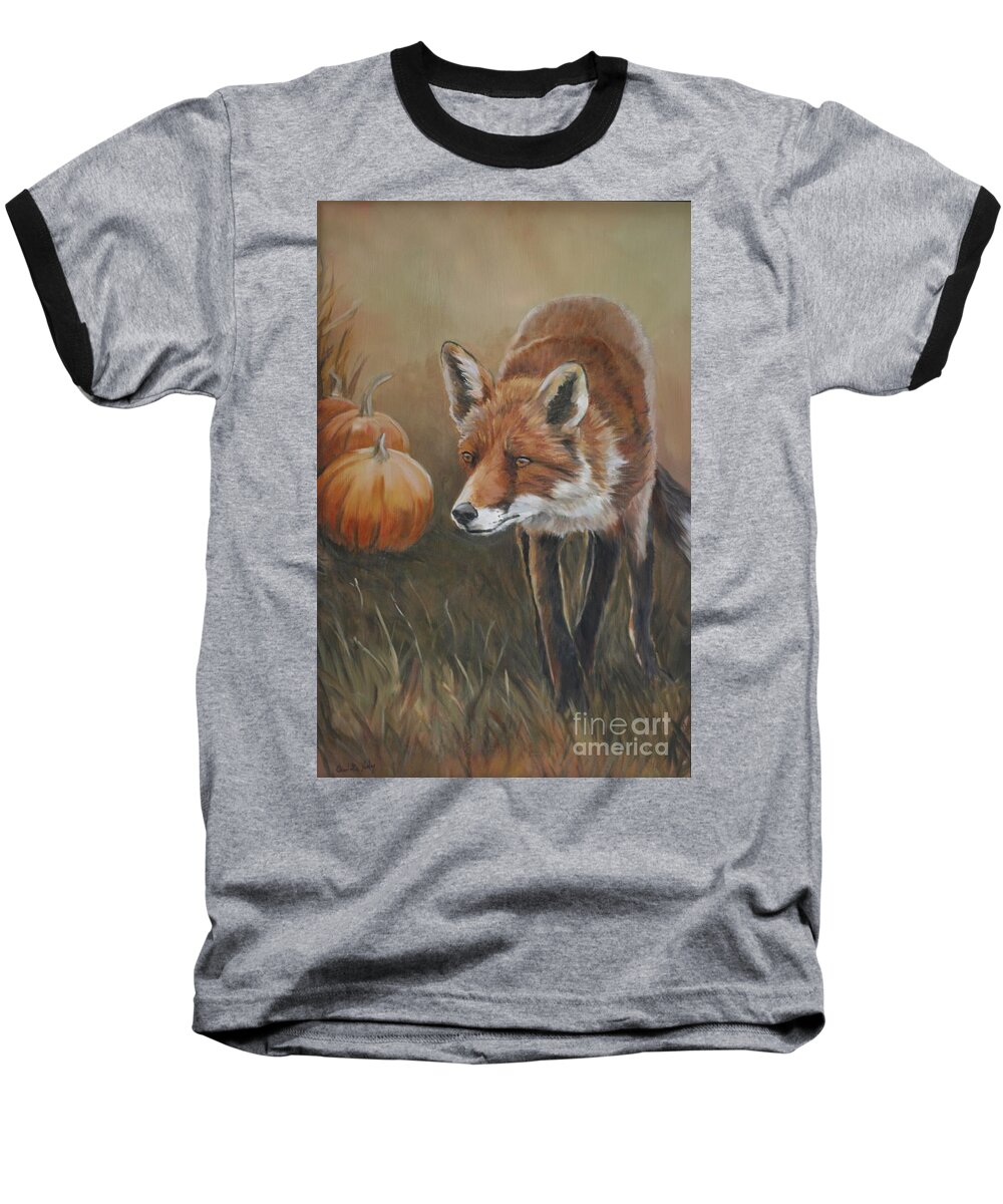 Red Fox Baseball T-Shirt featuring the painting Red Fox with Pumpkins by Charlotte Yealey