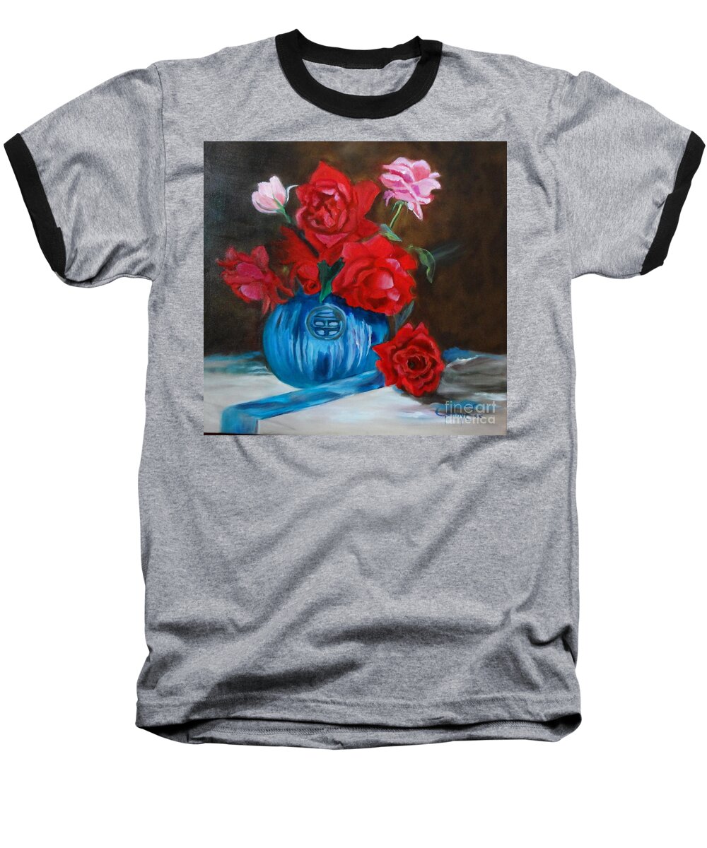 Asian Vase With Red Roses Print Baseball T-Shirt featuring the painting Red Roses and Blue Vase by Jenny Lee