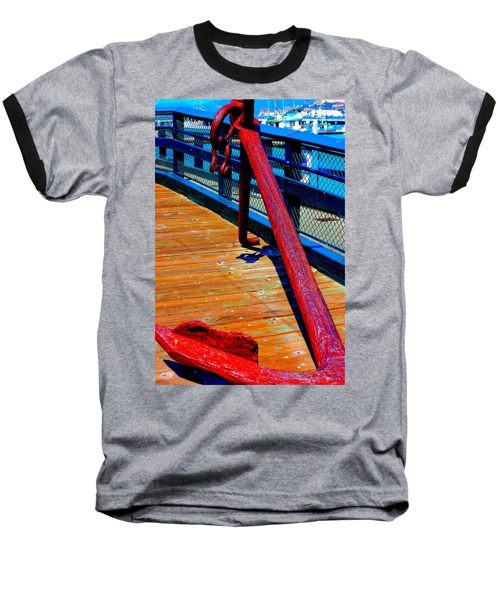 Red Rusted Anchor Wooden Pier Black Railing San Francisco Ca Baseball T-Shirt featuring the photograph Red Rusted Anchor by Holly Blunkall