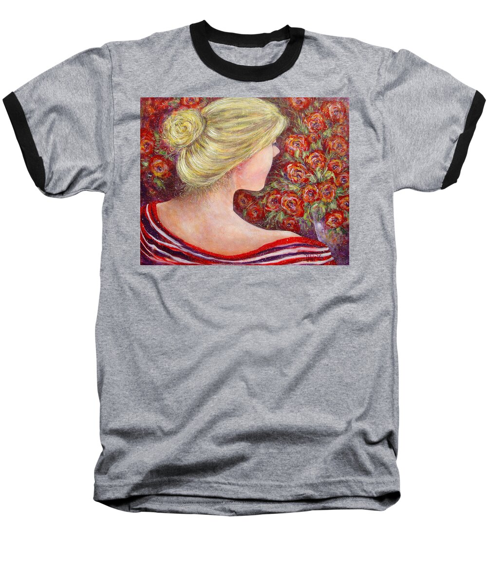 Female Baseball T-Shirt featuring the painting Red Scented Roses by Natalie Holland