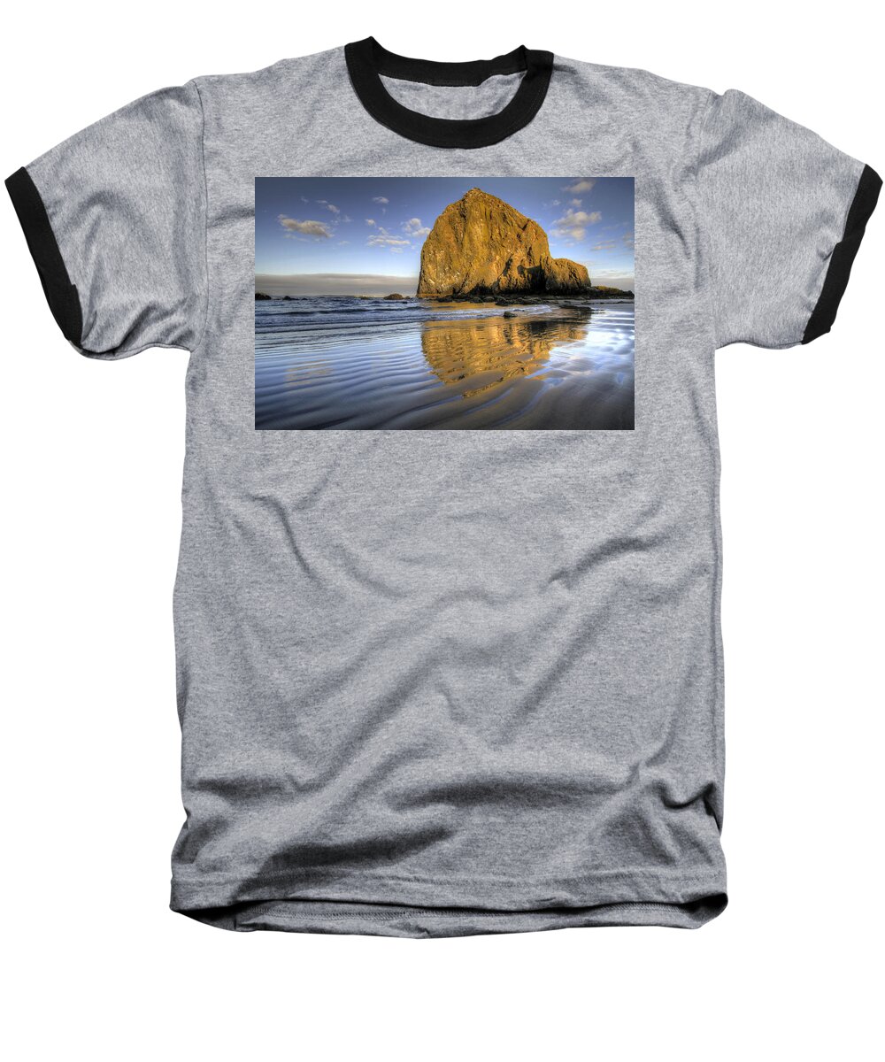 Reflection Baseball T-Shirt featuring the photograph Reflection of Haystack Rock at Cannon Beach 2 by David Gn