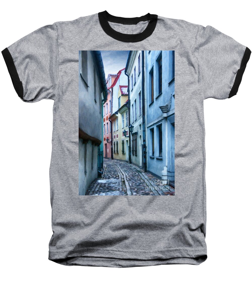 Digital Baseball T-Shirt featuring the painting Riga Narrow Street Painting by Antony McAulay