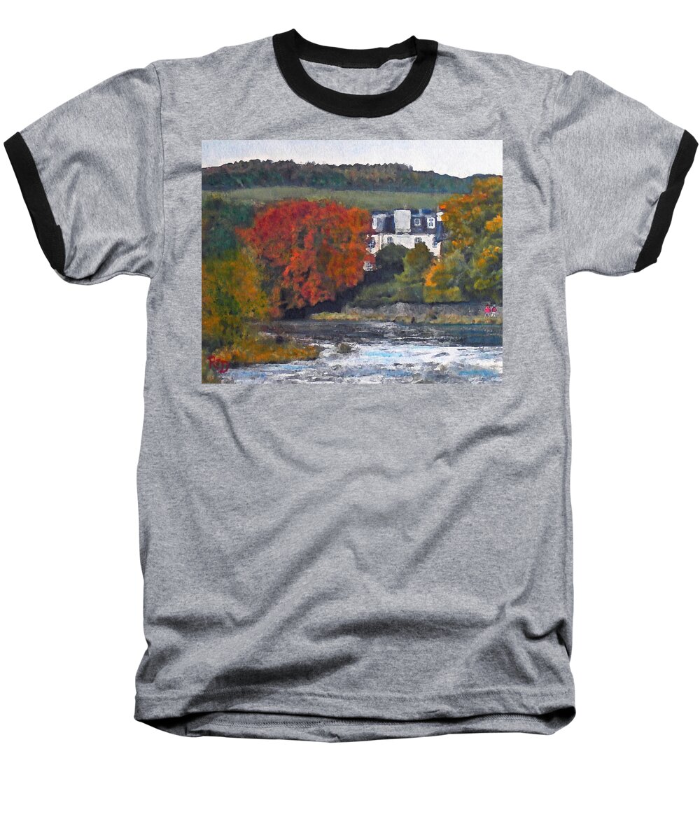 River Baseball T-Shirt featuring the painting Riverside House and The Cauld Water Peebles by Richard James Digance