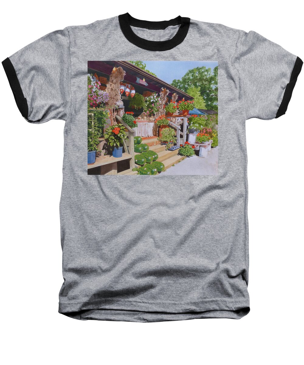 Landscape Baseball T-Shirt featuring the mixed media Roadside Stand by Constance Drescher